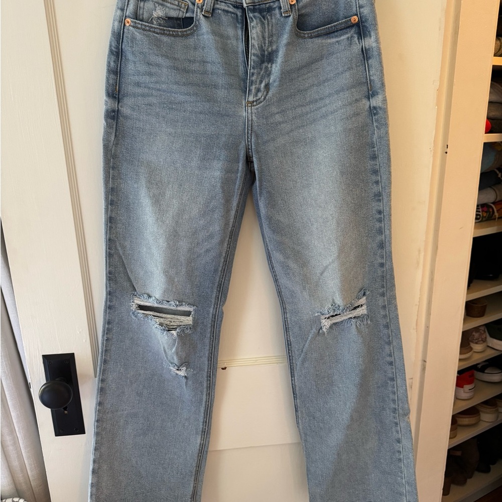 Sneak Peek Light Blue Distressed Straight Leg Jeans
